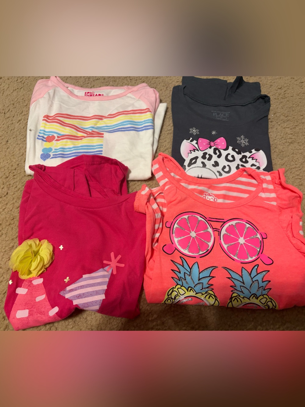 Girls' Pink, Coral, White, and Dark Gray Pajama Top Set lot of 4